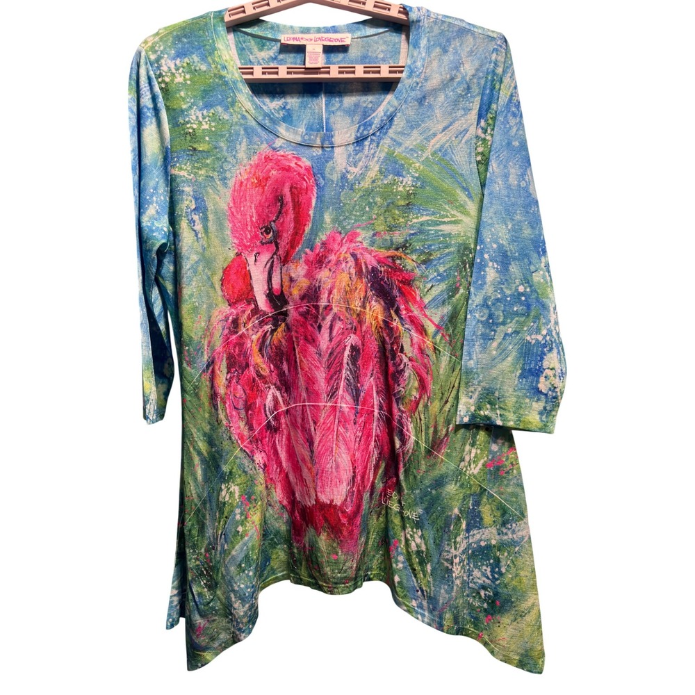 New Leoma Lovegrove Tunic Women PL Blue Pink Excellent Flamingo Sharkbite Art